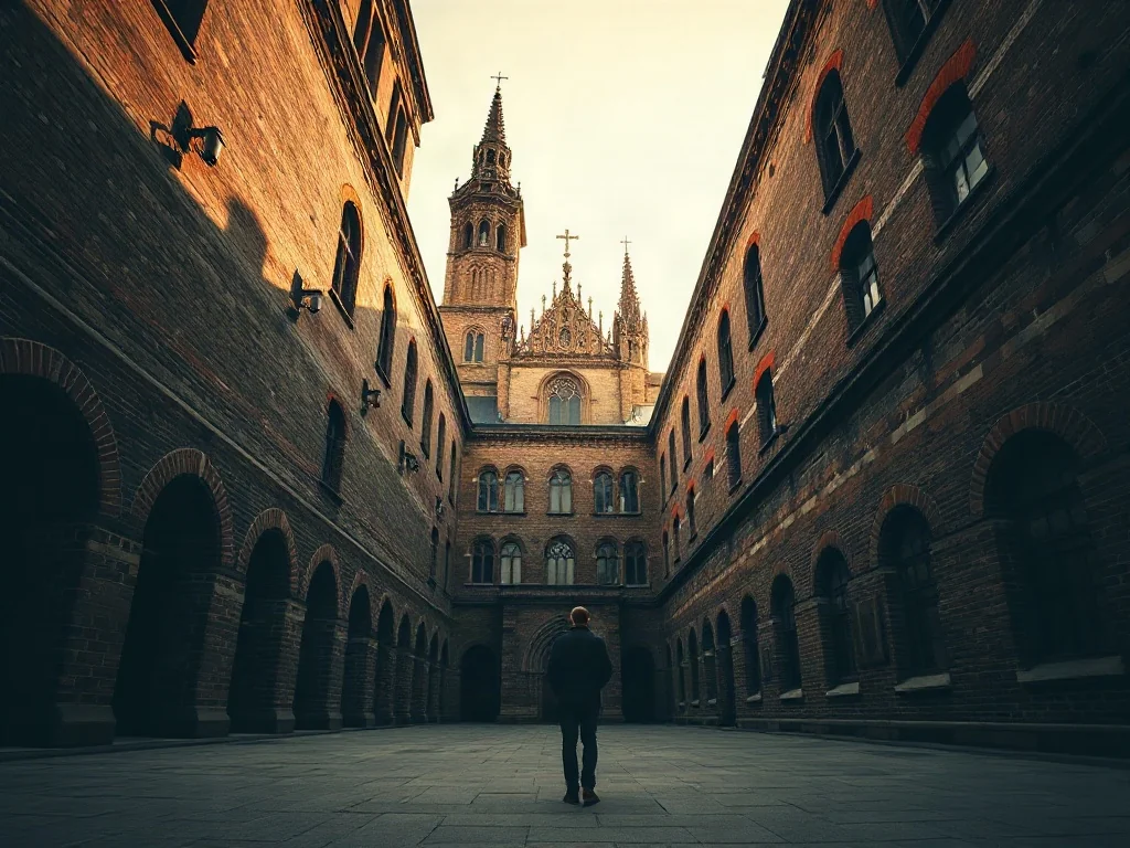Mężczyzna podziwiający monumentalną, gotycką bazylikę z cegły w świetle zachodzącego słońca.