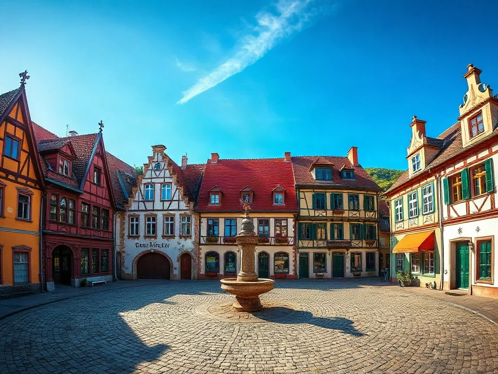 Słoneczny rynek w Kazimierzu Dolnym z zabytkowymi kamienicami, ozdobną studnią i malowniczymi wzgórzami w tle.
