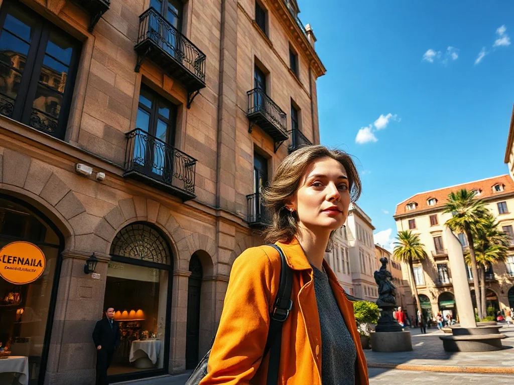 Spacerująca kobieta na tle zabytkowej architektury i nowoczesnego placu w baskijskim mieście w świetle zachodzącego słońca.