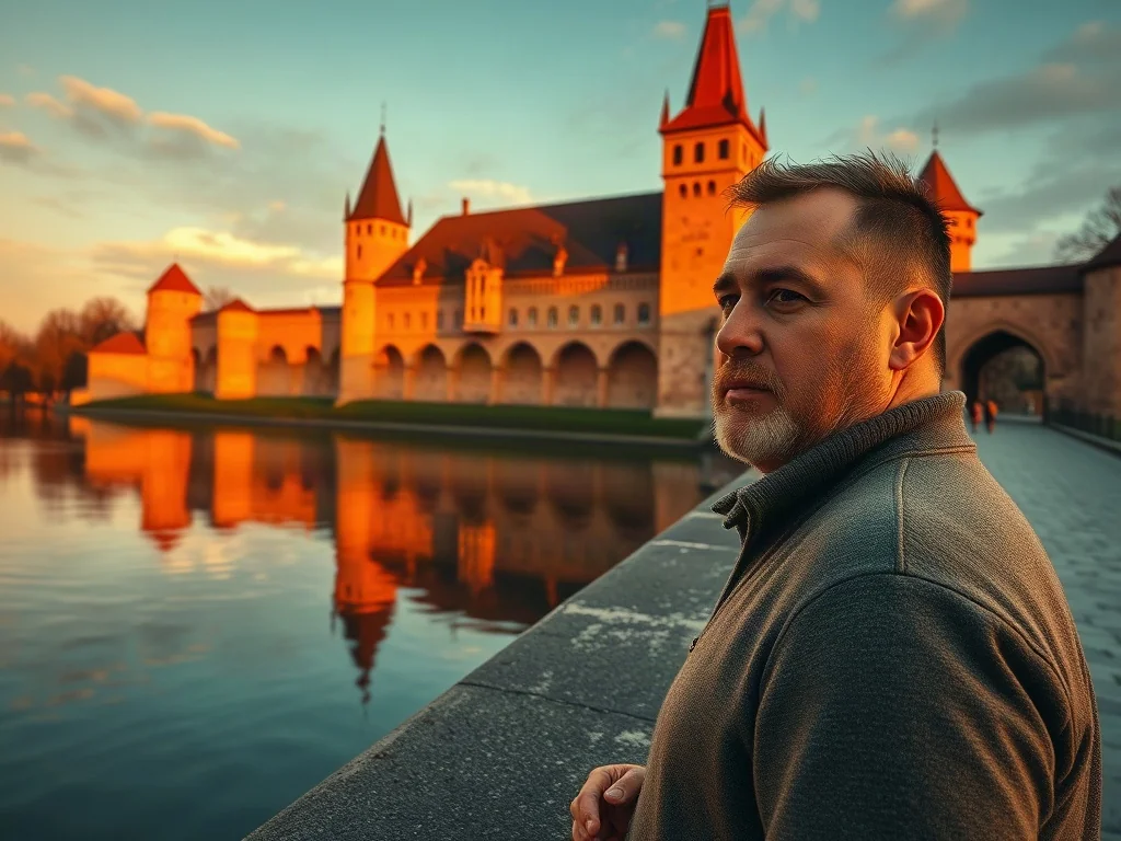 Turysta podziwiający majestatyczny zamek w Malborku o zachodzie słońca, z widocznym odbiciem budowli w wodzie.