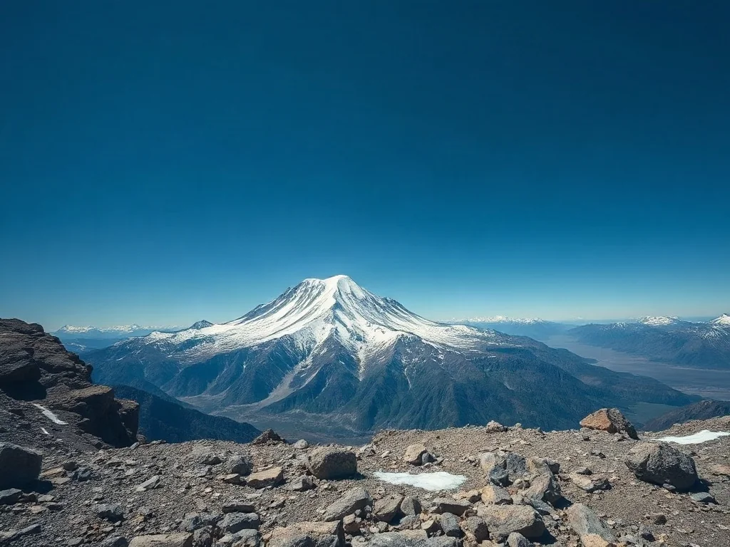 Ośnieżony szczyt Aconcagua górujący nad surowym, skalistym krajobrazem Andów pod bezchmurnym, błękitnym niebem.